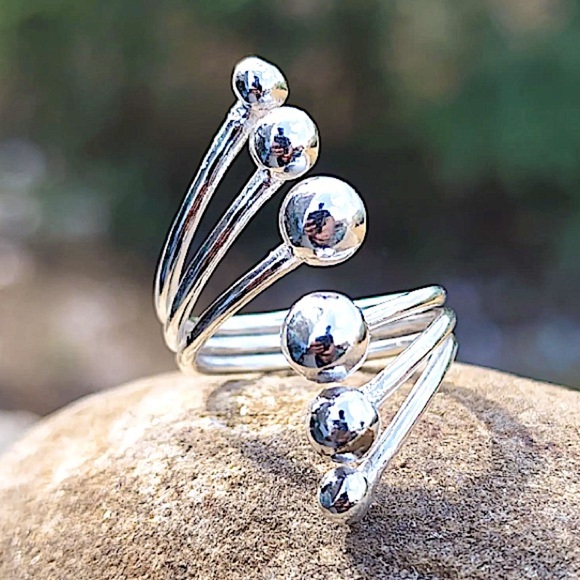 Sterling Silver Beaded Ball Bracelet Cuff Bangle Matching Ring Set - Picture 2 of 14